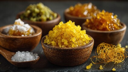 Various types of textured crystals in wooden bowls.