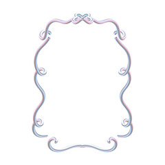 Whimsical Coquette Frame 01. Iridescent 3D Border with Curling Scrolls. Pearlescent Pink Decorative Outline on Transparent Background.