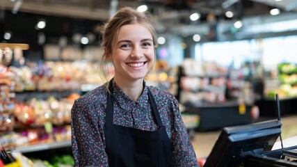 A cashier woman at a grocery store smiles while interacts with customers while operating the register in a well stocked market