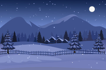 Fototapeta premium Peaceful winter night landscape with snow covered mountains and village houses