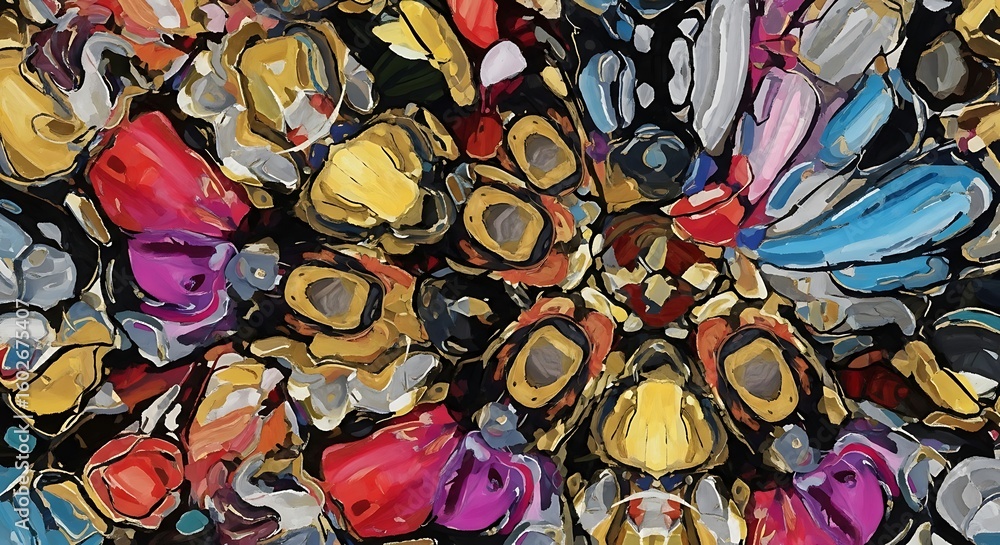 Poster abstract artistic composition displaying an array of dynamic shapes and colours