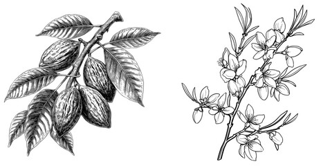 Fototapeta premium Modern illustration of an isolated almond nut branch in a black and white graphic sketch