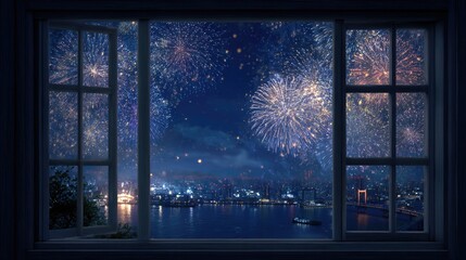 Fireworks view from open window at night