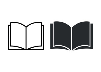 Vector icons of an open book in minimalist outline and filled design, perfect for educational and reading-related themes. Flat silhouette and line version for use in apps, websites, or print media.