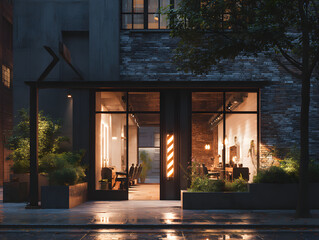 Barber shop exterior design, night time.