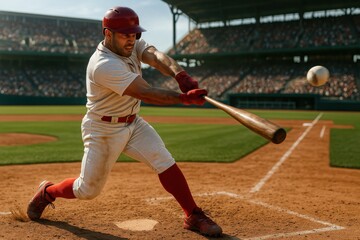 Full-body shot of male baseball player hitting ball with full force and intense focus, no runners on bases during sunny stadium match. Concept of  sport, power, timing, solo performance, precision.