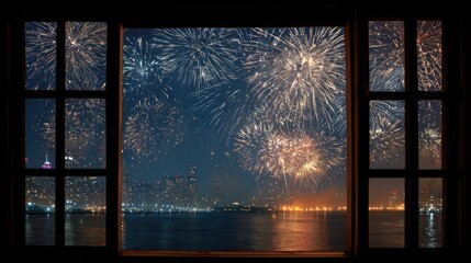 Fireworks over city skyline, viewed through window