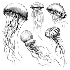 A modern graphic set containing an isolated sketch illustration of jellyfish in black and white