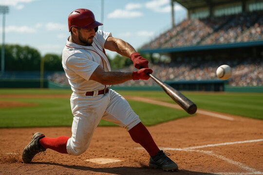 Full-body shot of male baseball player hitting ball with full force and intense focus, no runners on bases during sunny stadium match. Concept of  sport, power, timing, solo performance, precision.