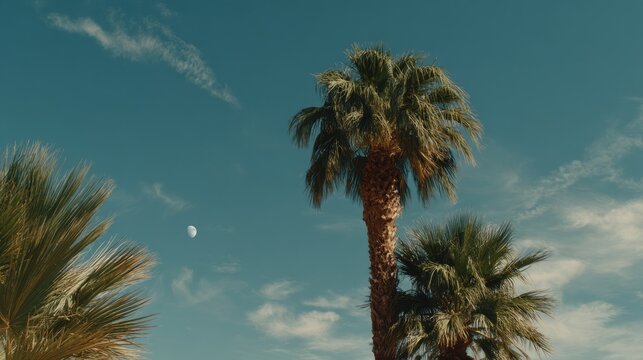 Palm trees against a vibrant blue sky dotted with white clouds and a crescent moon
