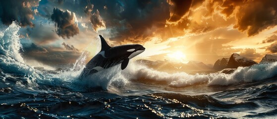 Killer whale aka Orca leaping from sunset ocean water with splashes, Norway fjord at background