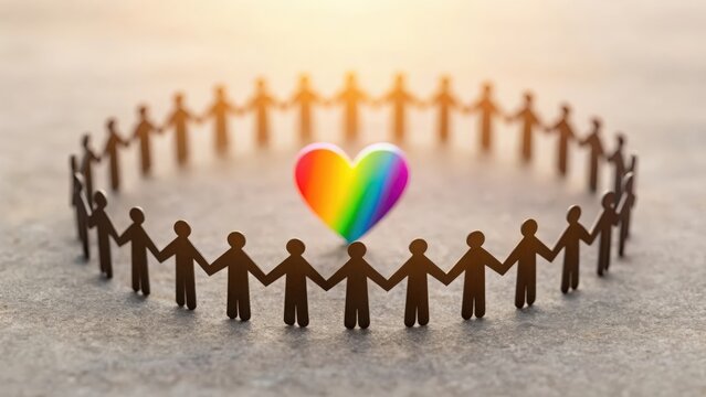 Figures forming a circle around a glowing rainbow heart — solidarity and support