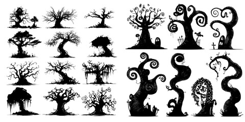 A collection of spooky trees in silhouette, symbolizing Halloween, is presented in a modern style and isolated on a white background, embodying scary, haunted, and creepy curly plant elements