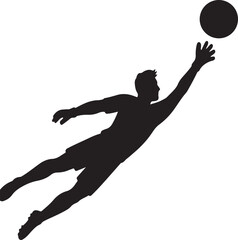 The silhouette of a goalkeeper diving horizontally to save a shot aimed at the top corner of the goal silhouette art on white background