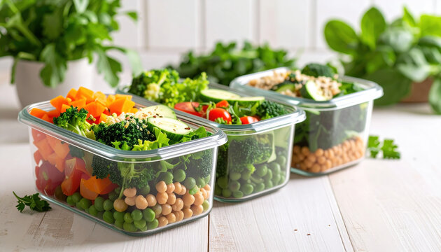 Fresh and colorful vegetables arranged in glass containers, showcasing healthy meal prep. vibrant greens, oranges, and reds create appealing and nutritious display