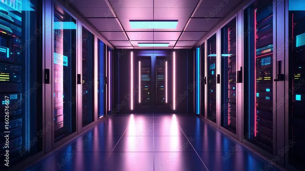 Poster a high tech data center features advanced server racks and vibrant lighting, showcasing modern techn