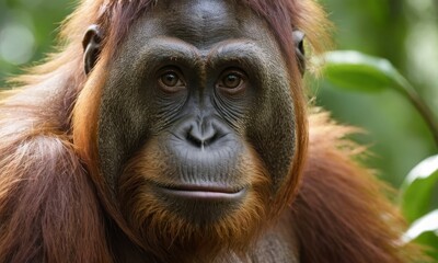 Naklejka premium Majestic Orangutan Portrait, Capturing the Soulful Gaze of Borneo's Great Ape