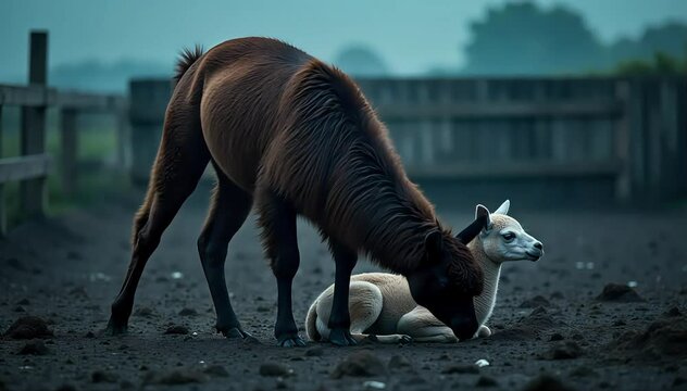 Llama crying near its resting cria