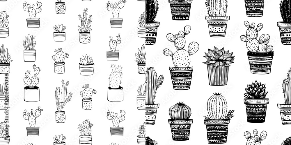 Poster the design consists of a seamless pattern with hand-drawn cacti placed in pots, blended with modern 