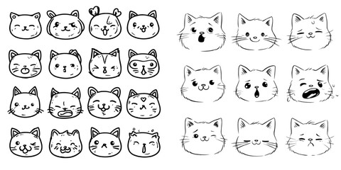 The collection includes cute cartoon kawaii characters, specifically cat icons, with round heads and a range of emotions on a white background, presented in a flat design and isolated