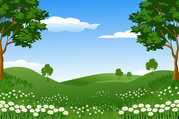 Naklejka premium Cartoon landscape with green hills trees white flowers and a blue sky