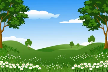 Foto auf Acrylglas Grün Cartoon landscape with green hills trees white flowers and a blue sky  © MAYENUDDIN