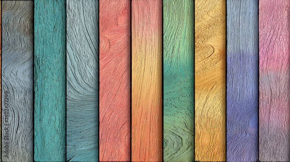 Poster serene scene of pastel rainbow colored wooden planks, each displaying unique grain patterns and soft