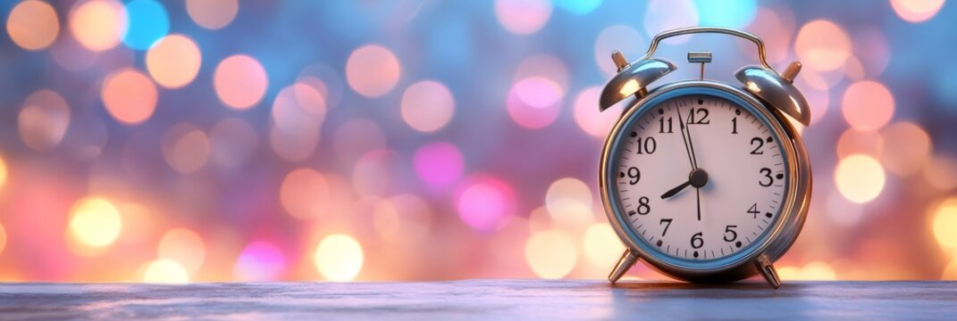 Classic alarm clock against a blurred background of colorful lights, representing stress, time management, and the urgency of deadlines. Ideal for themes of stress relief and therapy