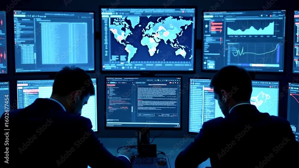 Poster two professionals analyzing global data on multiple screens in a modern control room