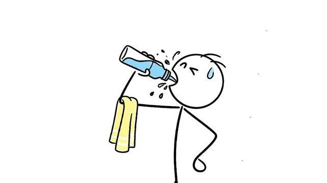 Animated Stick Figure Hydrating with Water Bottle and Yellow Towel