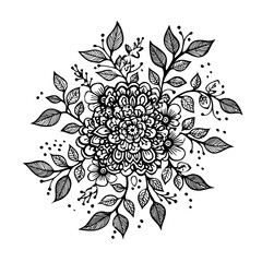 This modern page for a coloring book showcases a monochrome pattern of leaves and flowers, accompanied by doodles in black and white