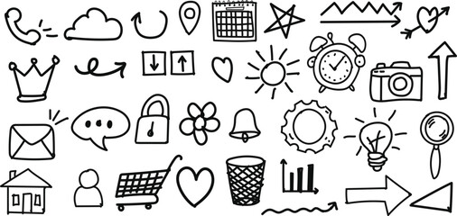Trendy hand-drawn doodle icon pack with playful symbols like camera, gear, chat, graph, heart, lightbulb—perfect for modern apps, social media, infographics, journals, and digital planners.
