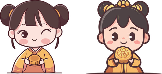 Cartoon girl eating mooncake illustration material
