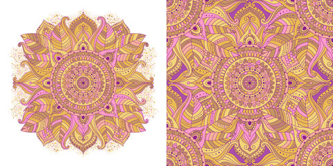 Colorful intricate floral seamless pattern and mandala, ethnic, oriental motifs