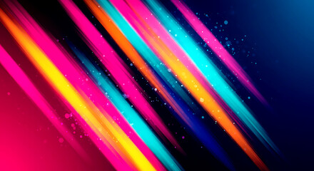 Diagonal streaks of bright pink yellow cyan orange and blue light with bokeh abstract background