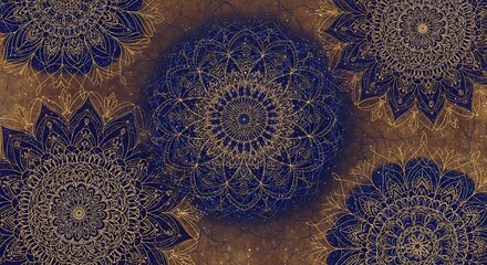 Elegant background design featuring intricate golden mandala patterns on a deep blue backdrop