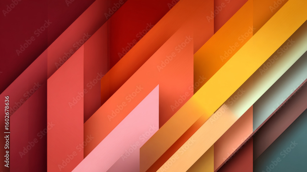 Poster colorful abstract geometric design with overlapping diagonal blocks in shades of red, orange, yellow