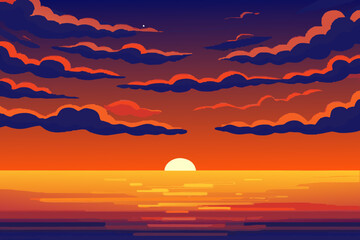 Vibrant sunset over ocean with dark clouds and bright sun illustration