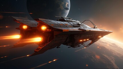 A sleek spaceship floats near a vibrant, brown-black planet surrounded by cosmic clouds and twinkling starlight. AI Generative