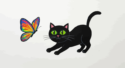 Obraz premium Drawn with thick crayons, A playful black cat with bright green eyes pounces towards a vibrant, colorful butterfly. Simple cartoon illustration on an isolated background.