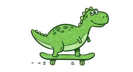 Fototapeta premium Drawn with thick crayons, Playful Dinosaur Rides a Skateboard A Whimsical Illustration