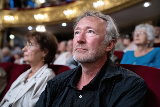 An older man in a theater, lost in thought as he observes the performance, representing the deep emotions and memories that art can evoke at any age.
