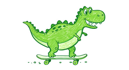 Drawn with thick crayons, A cool green dinosaur character happily riding a skateboard. Fun hand-drawn cartoon sketch illustration on a white background.
