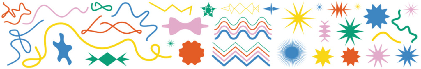 Transparent Groovy Shapes Vector Pack. Wavy Stars, Cloud Blobs, and Spiral Doodles in Y2K Retro Funk Style with Editable Elements.
