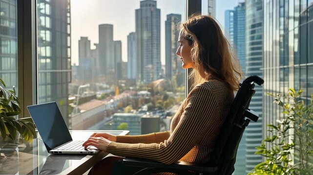 Woman in wheelchair working on the laptop while enjoying the view of a city skyline. Inclusivity at workplace