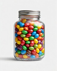 glass jar filled with colorful candies, clean white background