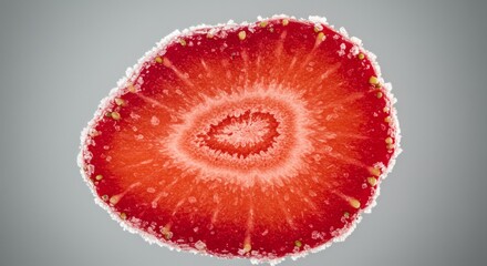 Closeup of a Red Strawberry Slice with Sugar Coating on Gray Background