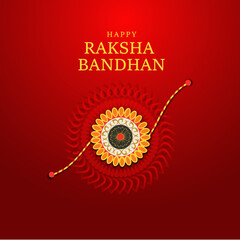 Elegant Golden Floral Rakhi with Happy Raksha Bandhan Greeting on Vibrant Red Gradient Background