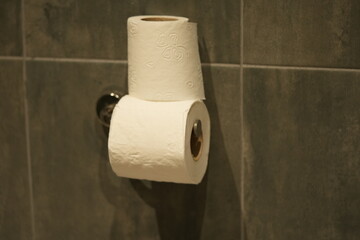 Toilet paper holder with two rolls mounted on a dark tiled bathroom wall. Simple household hygiene and interior detail.