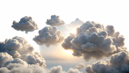 Photo of a dramatic sky filled with sunlit fluffy clouds during golden hour isolated on transparent background